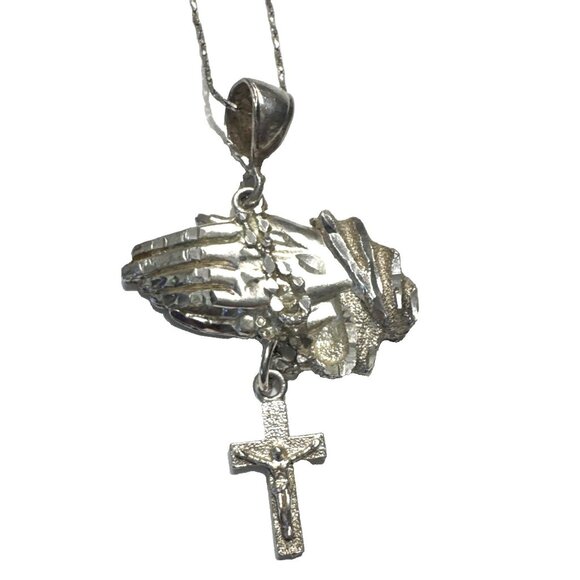 1ofakind Sterling Silver Rosary & Praying Hands Pendant With 24 " Chain - Picture 1 of 6
